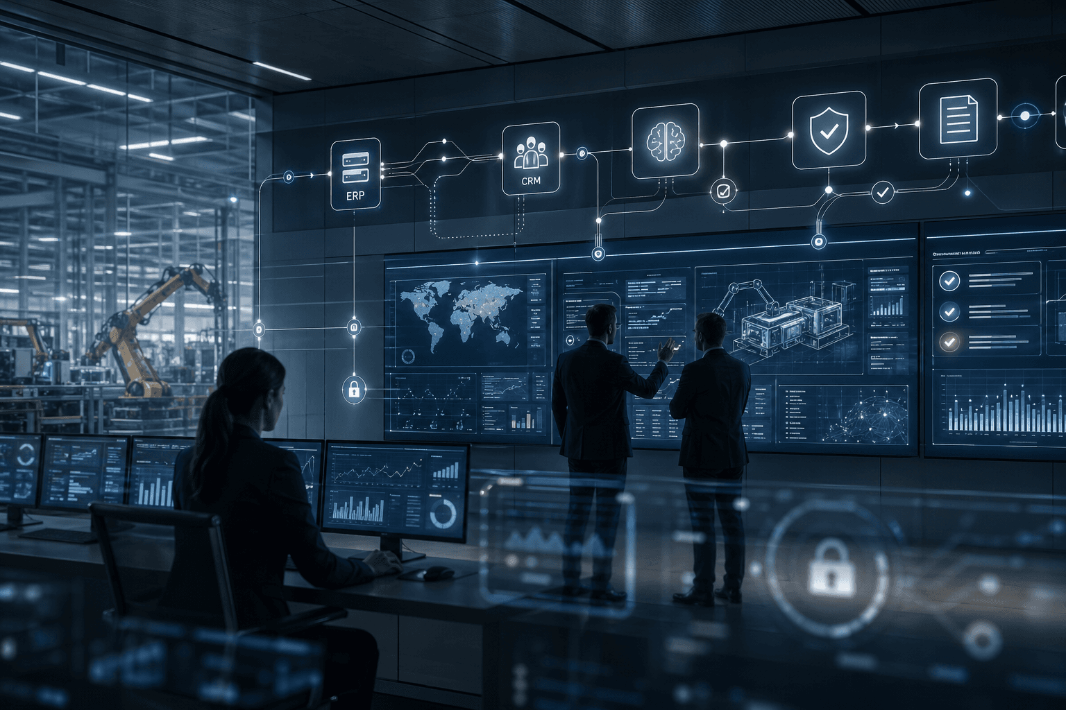 Abstract control room visualization of governed AI agents connecting business systems with human oversight for European SMEs